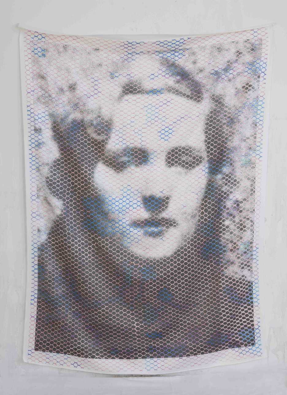 Print on fabric, woman with net