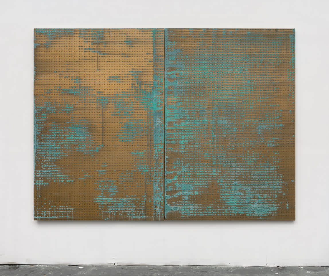Brass metallic paint, dye oxide and silkscreen ink on canvas.76 x52 in.(193x132.1cm) each, 76x104 in.(193x256.1cm) overall.