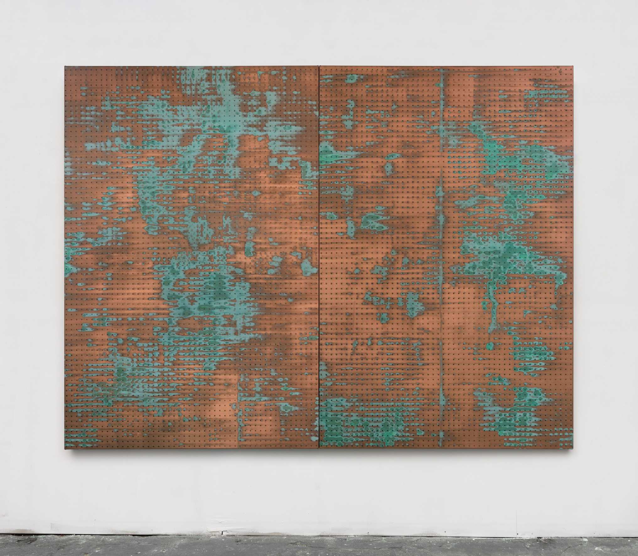 Copper metallic paint and dye oxide on canvas.