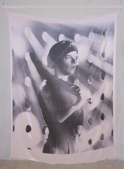 Print on fabric, woman with gun