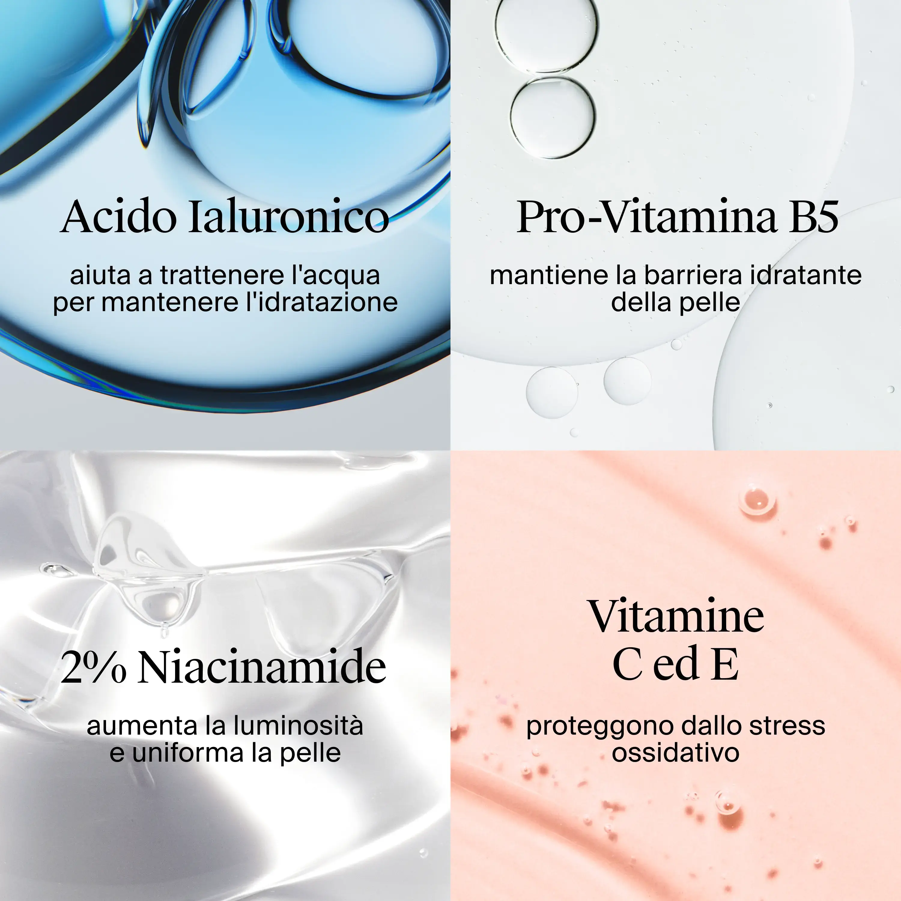 Acido Ialuronico, Pro-Vitamina B5, 2% Niamicide, Vitamine C ed E