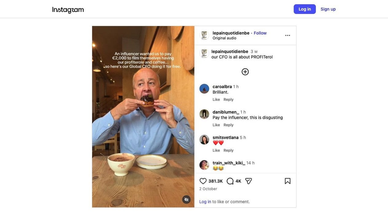Original public Reel, captured 26 October 2026. The page displays 381.3K likes, 4K comments and the 2 October publication date. Source: Le Pain Quotidien Belgium / Instagram. Public counters are rounded and change over time.