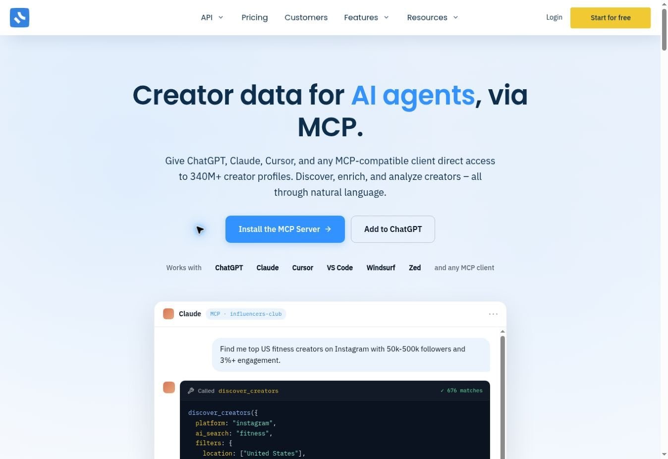 Screenshot of the official influencers.club MCP product page. [33]