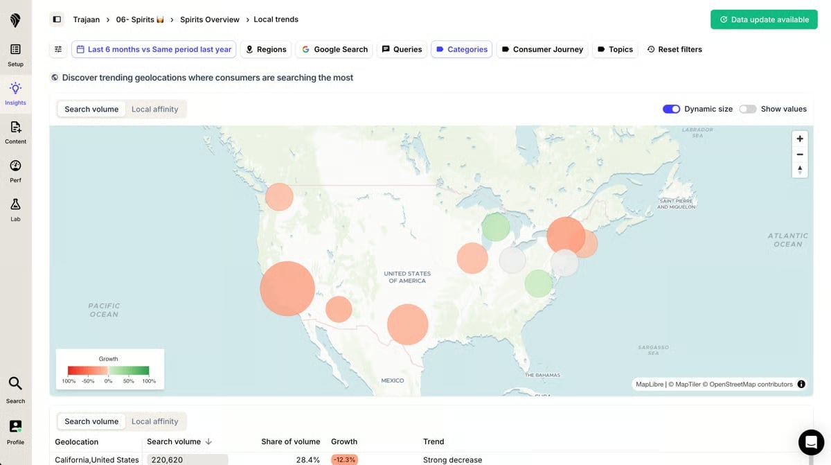 Figure 4 A local-trends map compares search volume and growth by United States location. Geographic segmentation can improve prompt-panel design, but it does not recreate personalized answers for every user in each market.