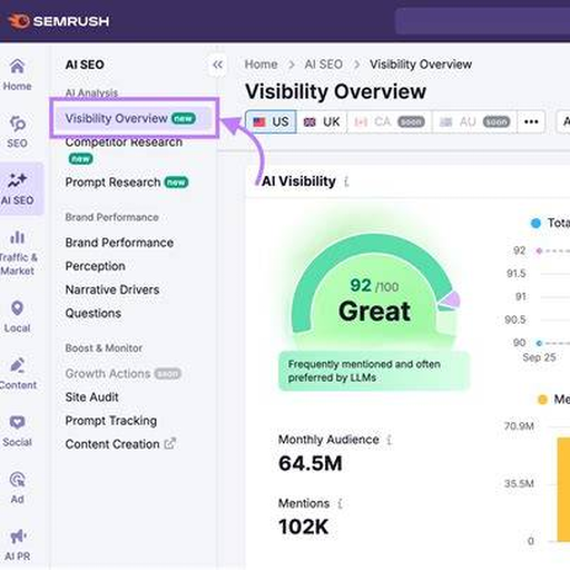 Semrush AI visibility interface. The Semrush case used prompt-level tracking, competitive positioning, mentions and cited-source analysis rather than classic traffic metrics alone.