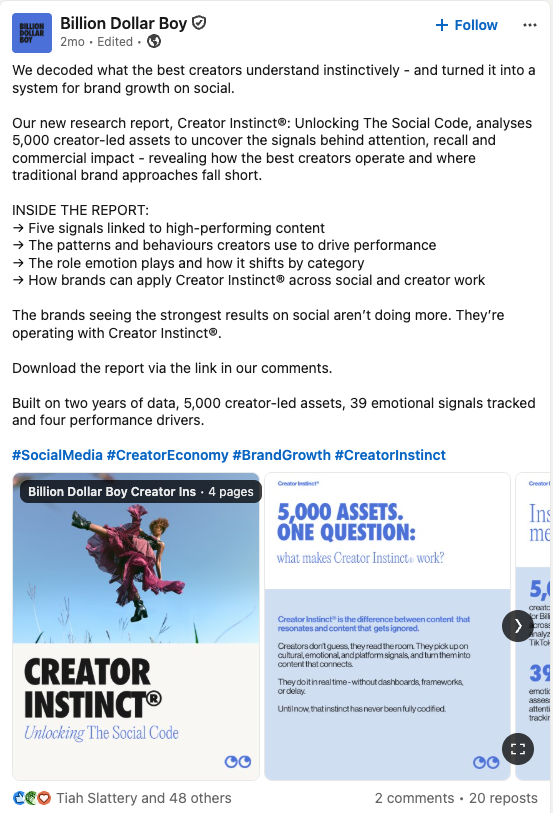 The company-page post: 49 reactions, 2 comments, 20 reposts
