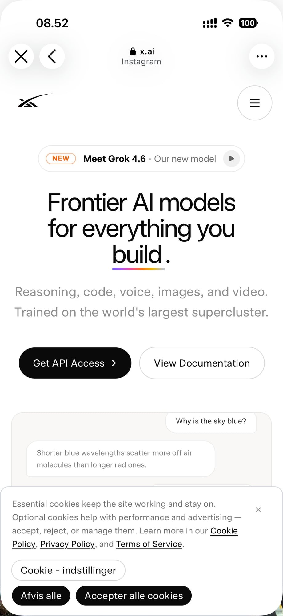 Figure 20. The supplied post-click screenshot emphasizes frontier models, API access and documentation. It does not display a Bot-specific onboarding promise in the visible area. User screenshot [11].