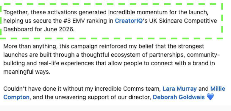A launch recap leads with “secured the #3 EMV ranking in CreatorIQ’s dashboard”; the ranking is the headline credential, not a footnote.