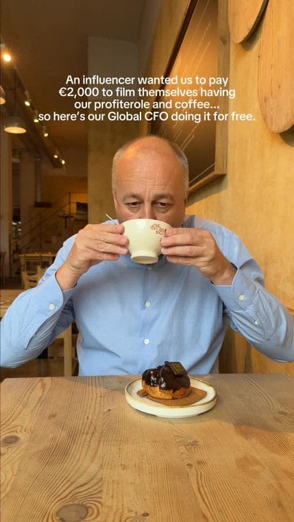 Frank Gysbrechts in the original Reel. Campaign still: © Le Pain Quotidien / Instagram, via Gondola Foodservice. Date checked against Instagram’s timestamp.