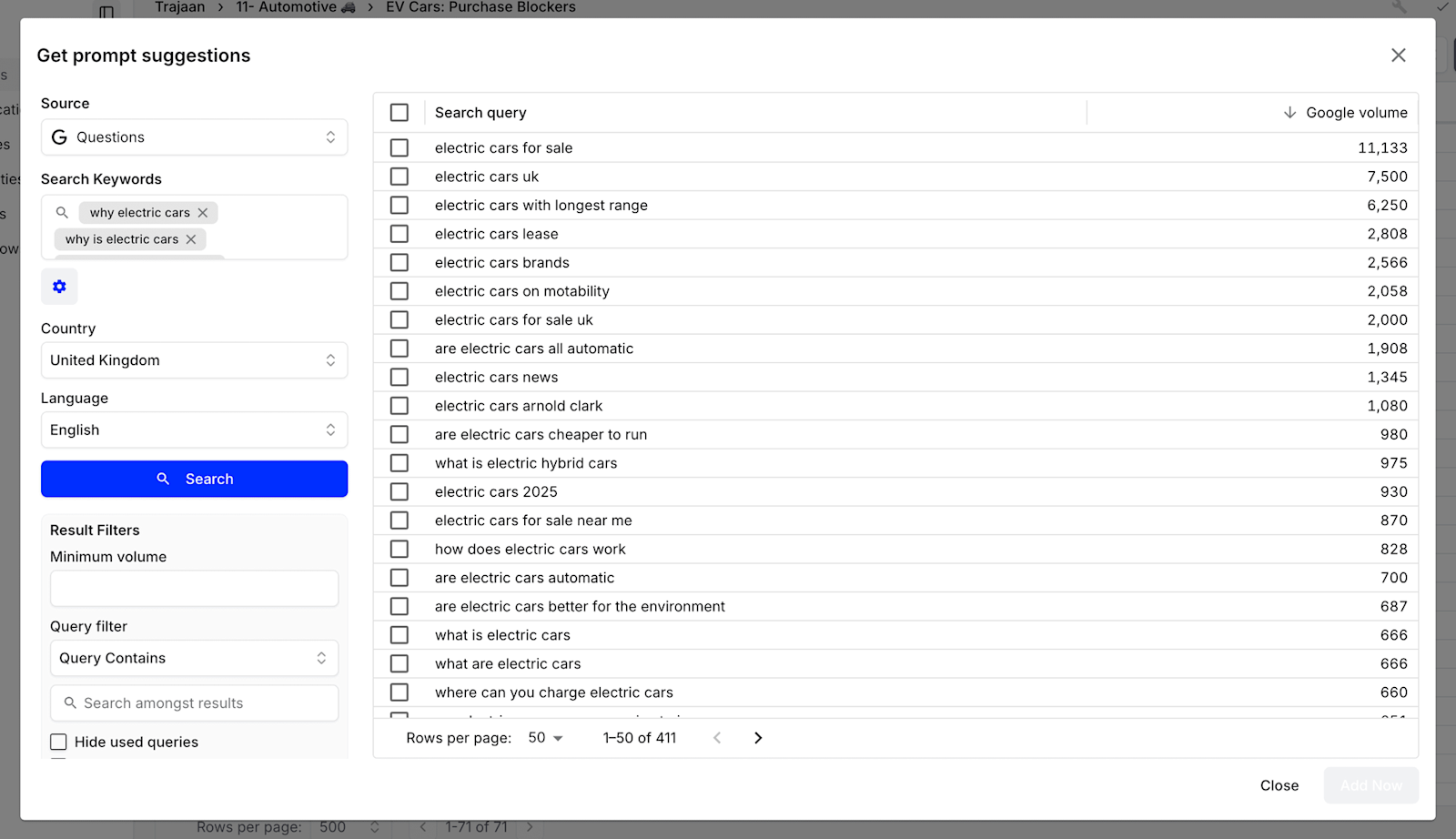 Product example: Trajaan prompt suggestions [7]. “Google volume” grounds topic selection in a search proxy; it is not native ChatGPT query volume.