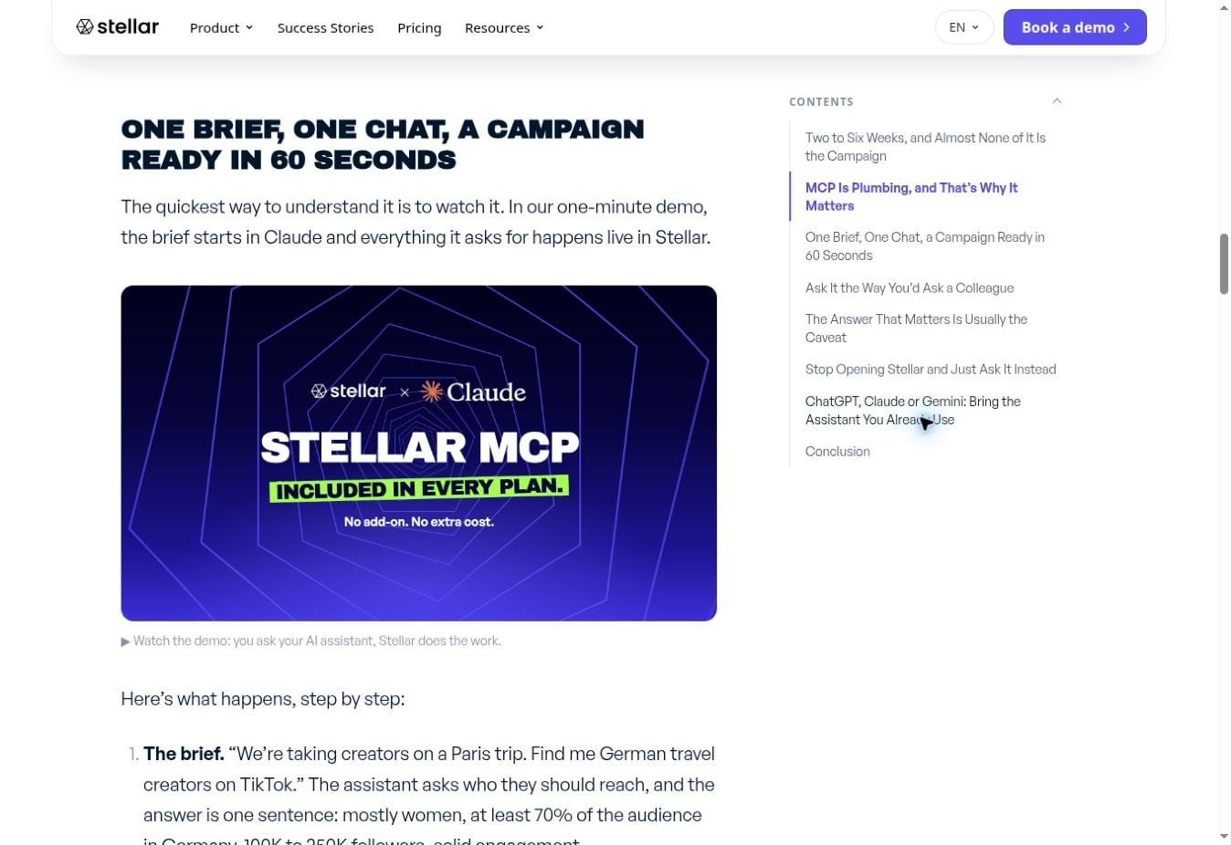 Screenshot of Stellar's official MCP demonstration section. Vendor example; no account was tested. [1]