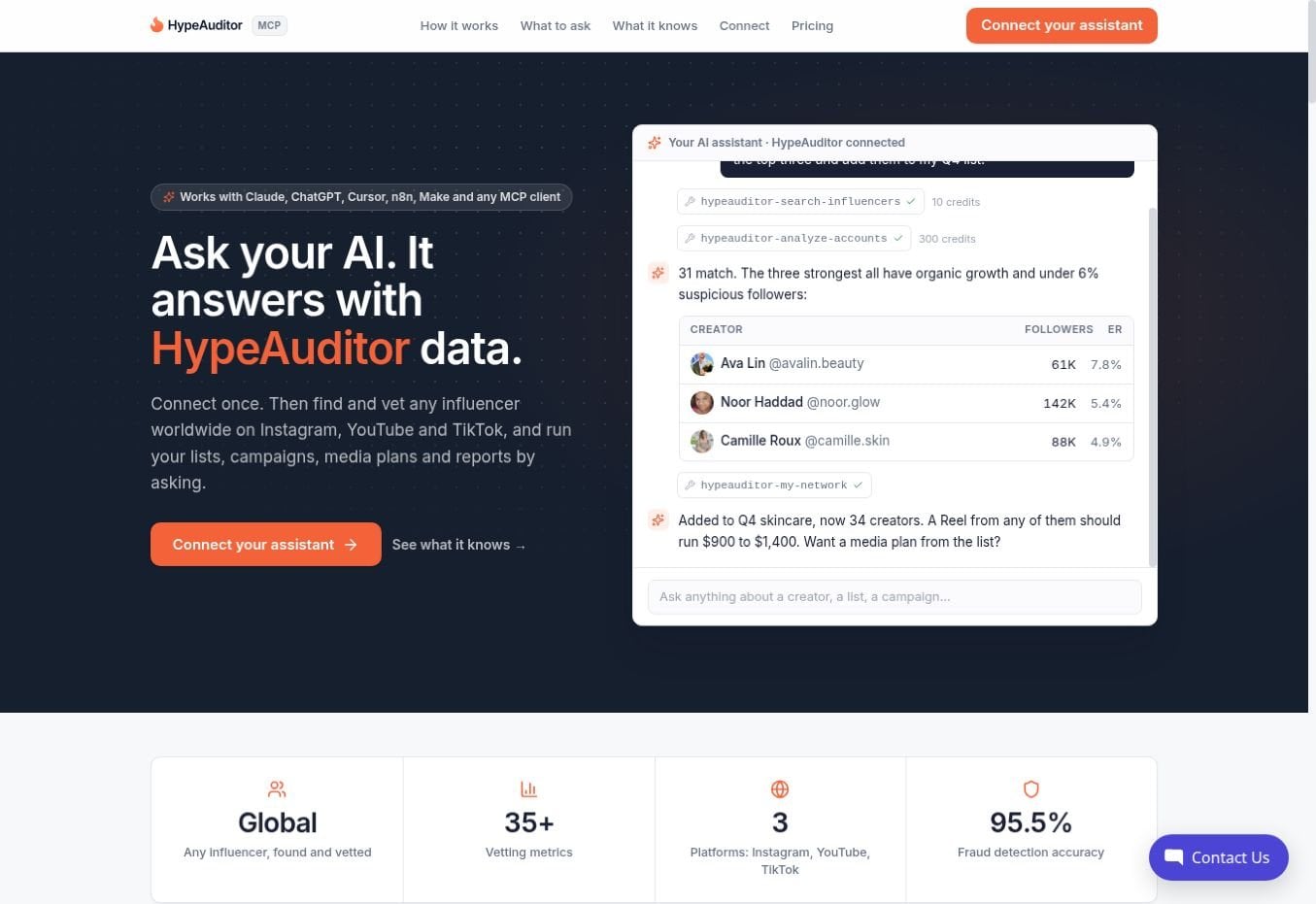 Screenshot of the official HypeAuditor MCP page, including a vendor example. [12]