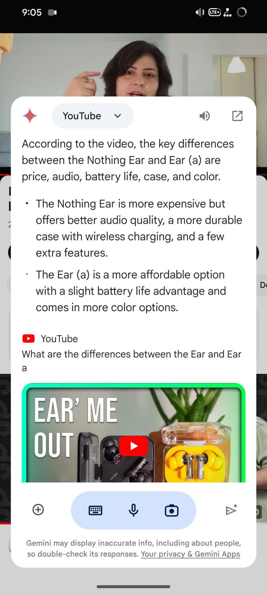 Gemini can explicitly answer from a YouTube video and cite the video as the source.