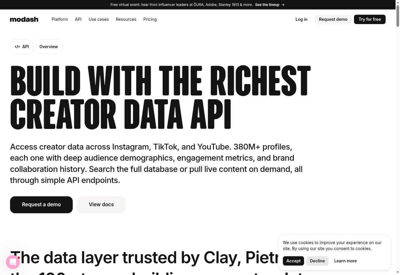 Cropped screenshot of Modash's API product page, which advertises MCP access. [38]