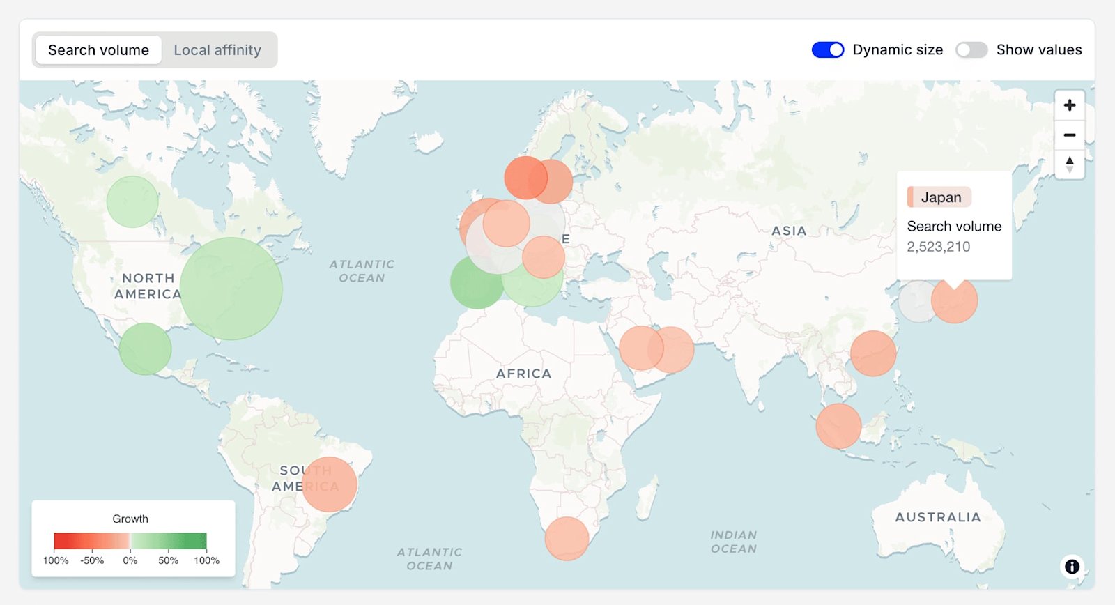 Product example: Trajaan local search trends [8]. Market prioritization based on search-derived signals; source-specific coverage and cadence vary.