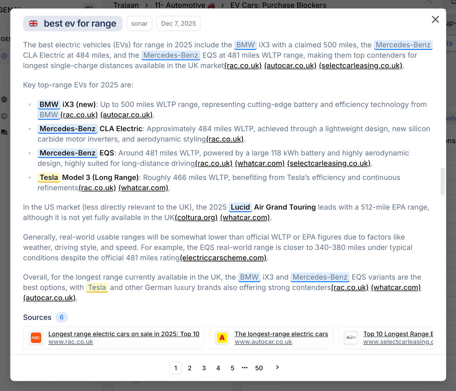 Product example: Trajaan recorded answer [7], UK / sonar / 7 December 2025. Highlighted brands and visible source URLs show what this one collected answer contains. Model-generated claims are not independently validated here.