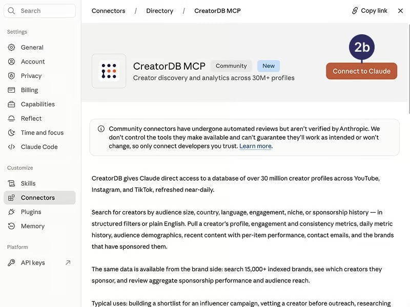 Official Claude connector screenshot supplied in CreatorDB's documentation. [27]