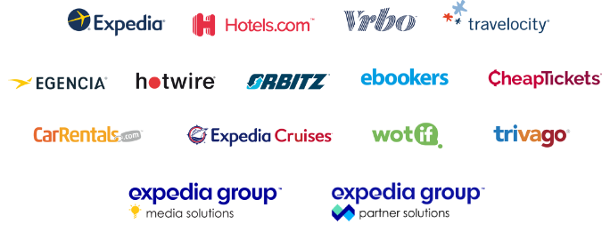 The logos of all of the companies which make up Expedia Group