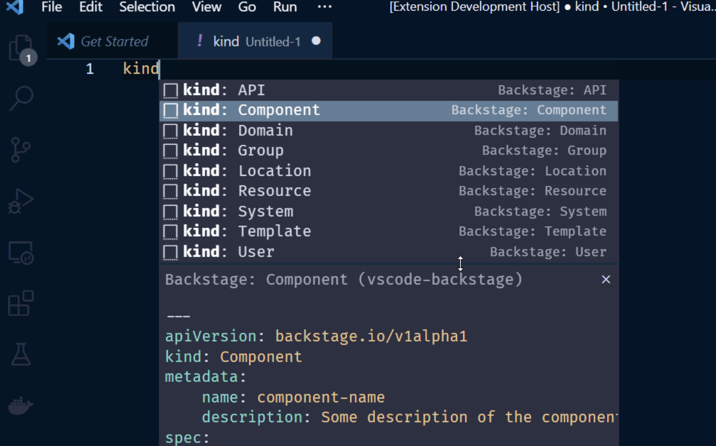 Screenshot: VSCode extension Backstage support