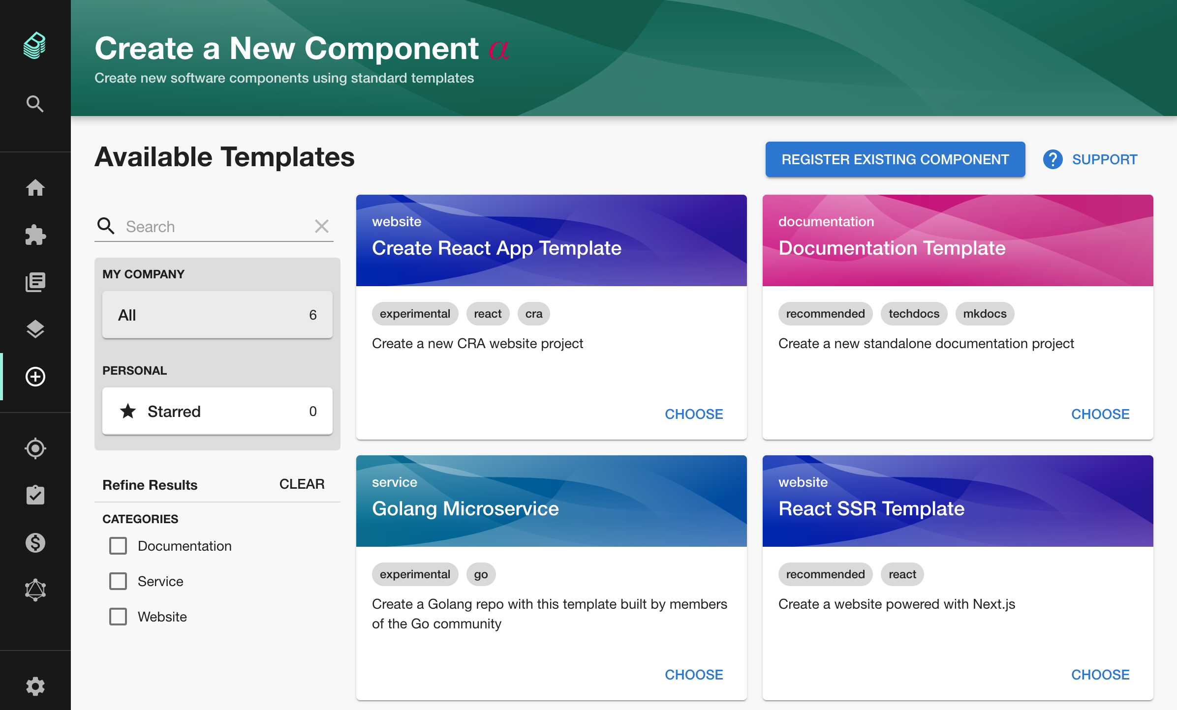 a list of templates unside backstage: Create React App Template, Docs template, Golang template etc.