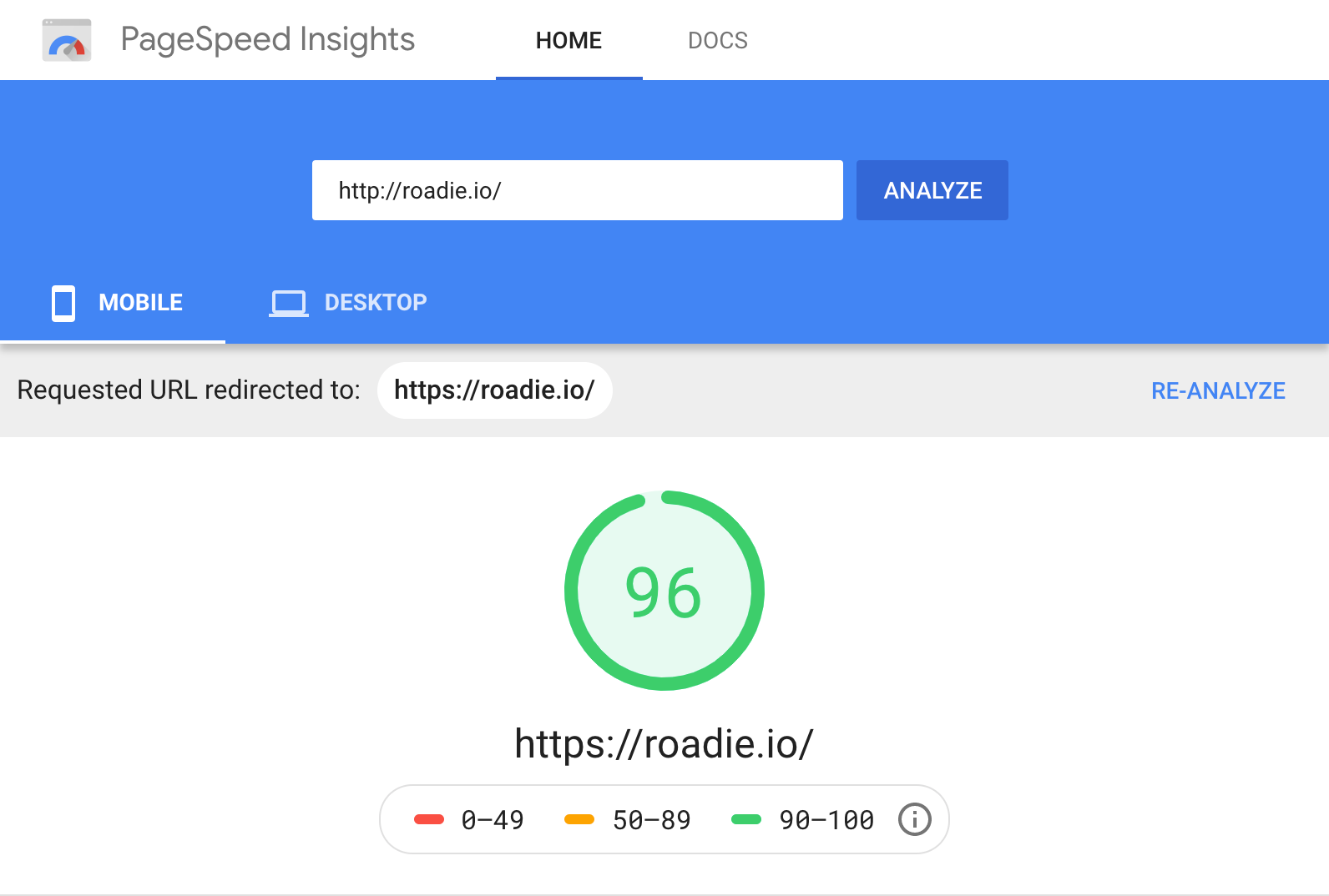 the results of running roadie.io through page speed insights