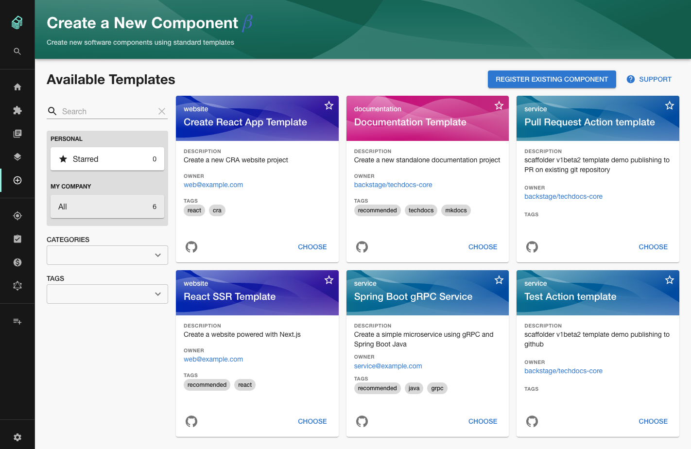 A list of software templates in the Backstage interface. Each one has it's own card with a title and description