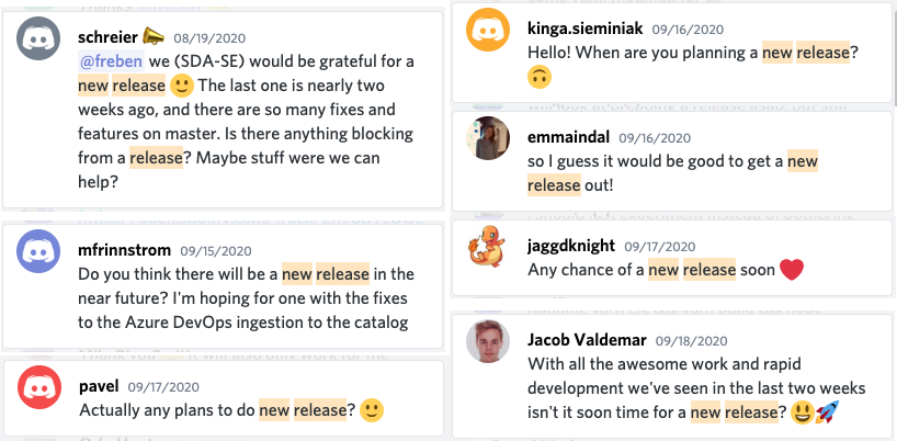 screenshots of discord messages where people are asking when the new release will be ready