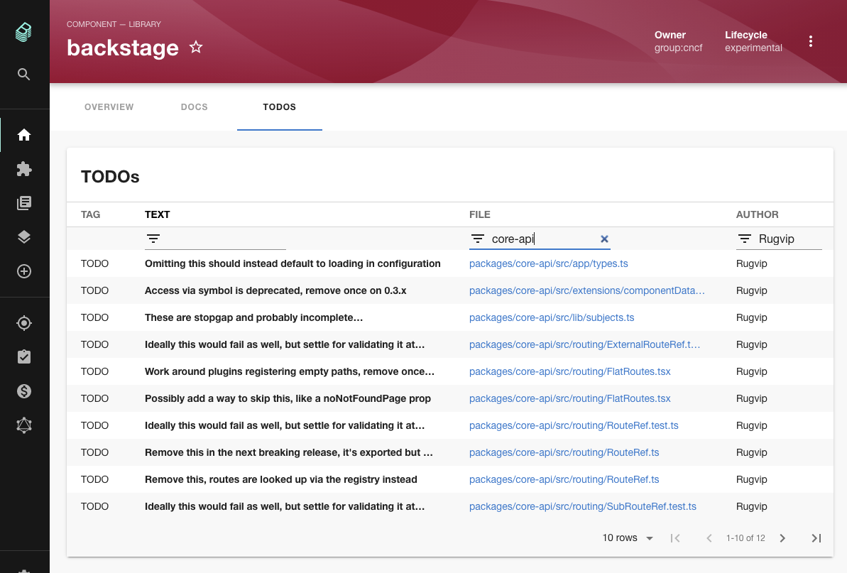 Backstage plugin with a table which shows a list of todos and the file that each one comes from, with a link to GitHub