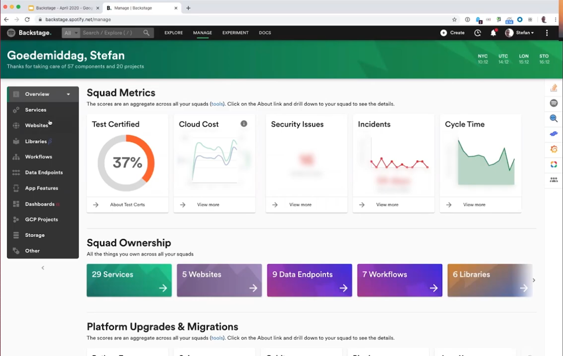 A page showing squad metrics such as cloud cost and the number of active security issues