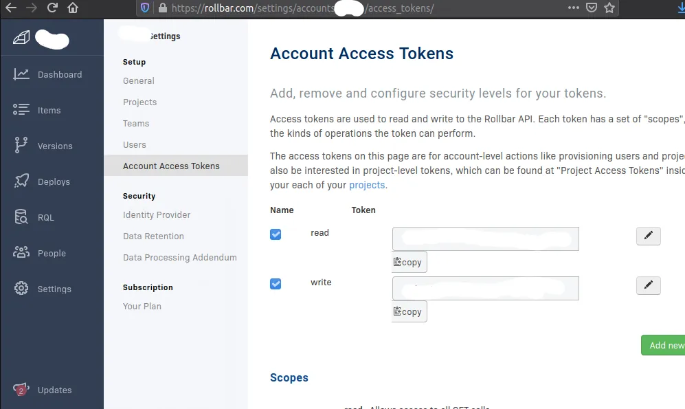 Rollbar access token page