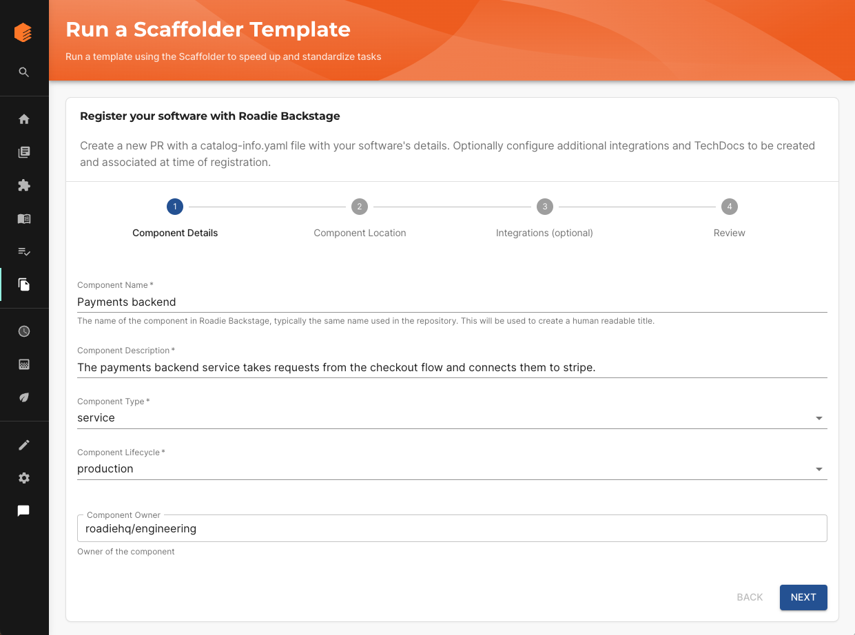 scaffolder template for completing catalog