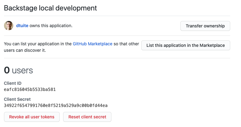 A screenshot of GitHub showing the client ID and secret for a demo application