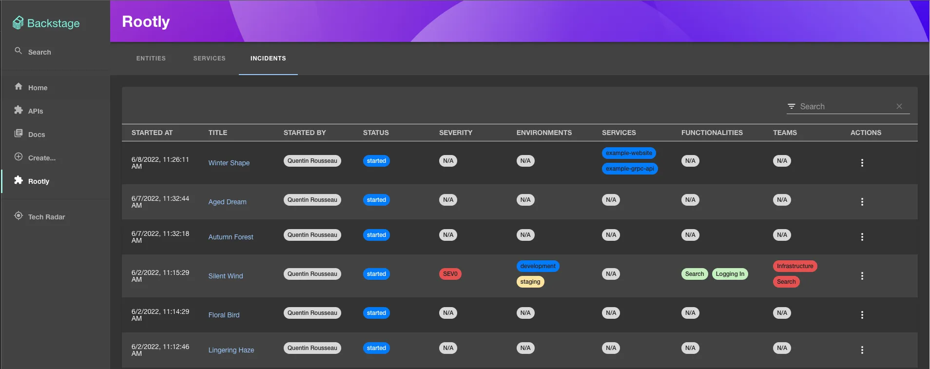 Rootly incidents page