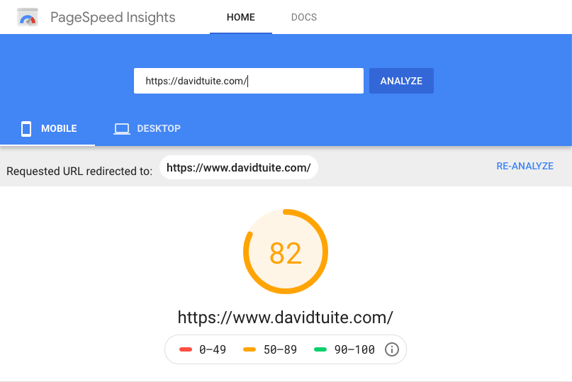 A site being tested in PageSpeed insights
