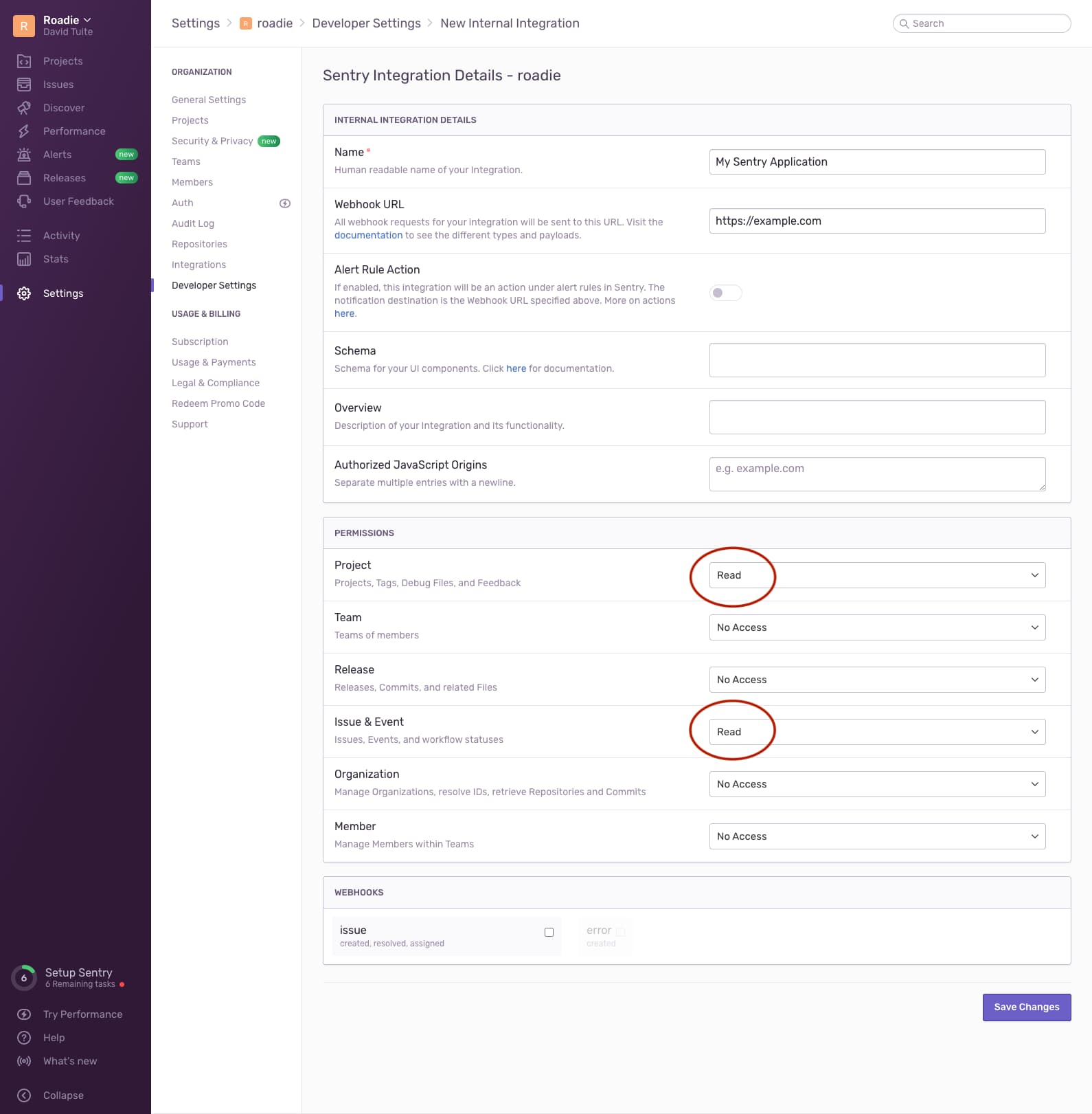 Creating an internal application in the Sentry UI