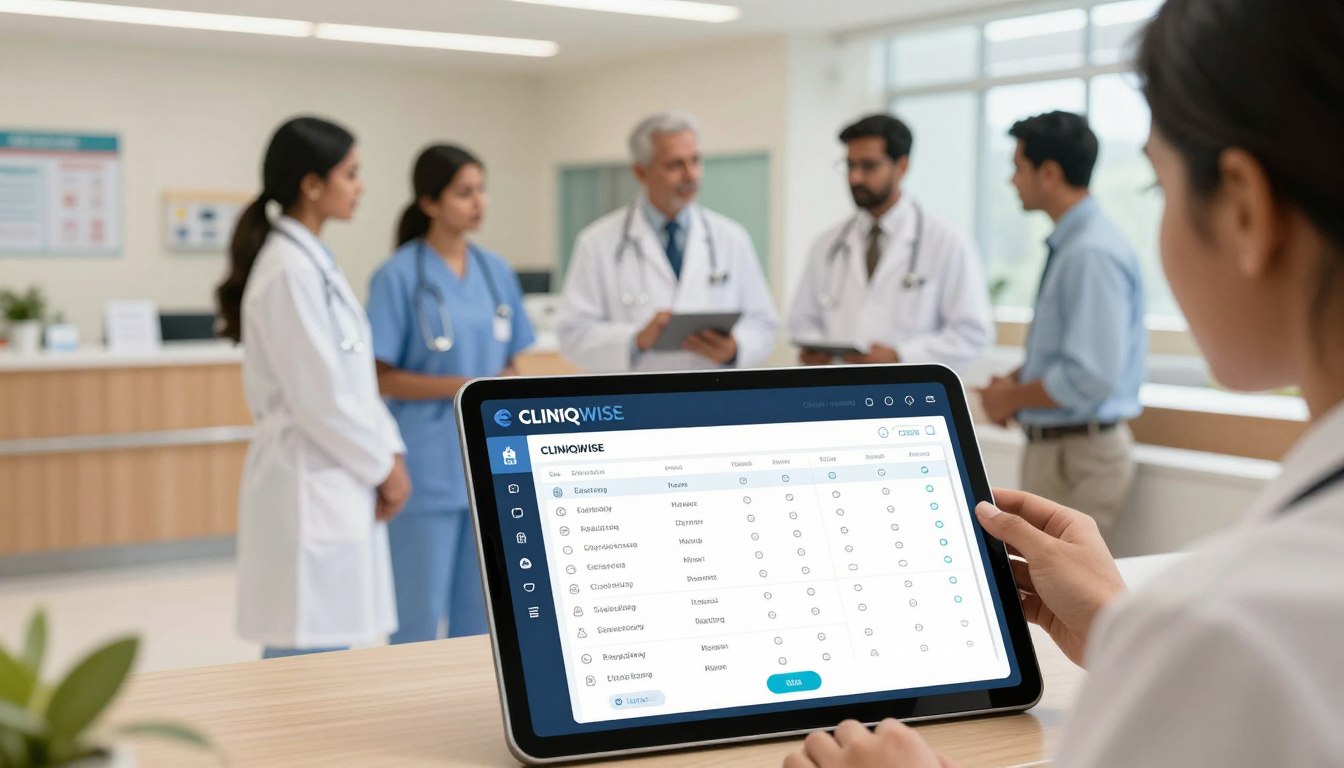 A modern hospital management system interface set against a backdrop of an Indian hospital environment. In the foreground, a tablet displays a sleek UI of the CLINIQWISE software, showcasing dashboards for patient records, appointments, and staff management. The middle ground features a diverse team of healthcare professionals in professional attire, including a doctor, a nurse, and an administrator, engaged in a discussion about data on the tablet. The background shows a well-lit hospital reception area with a welcoming atmosphere, incorporating elements like medical charts and equipment. Use bright, soothing lighting to create a collaborative and efficient vibe, captured from a slightly elevated angle to encompass both the interface and the team dynamics.