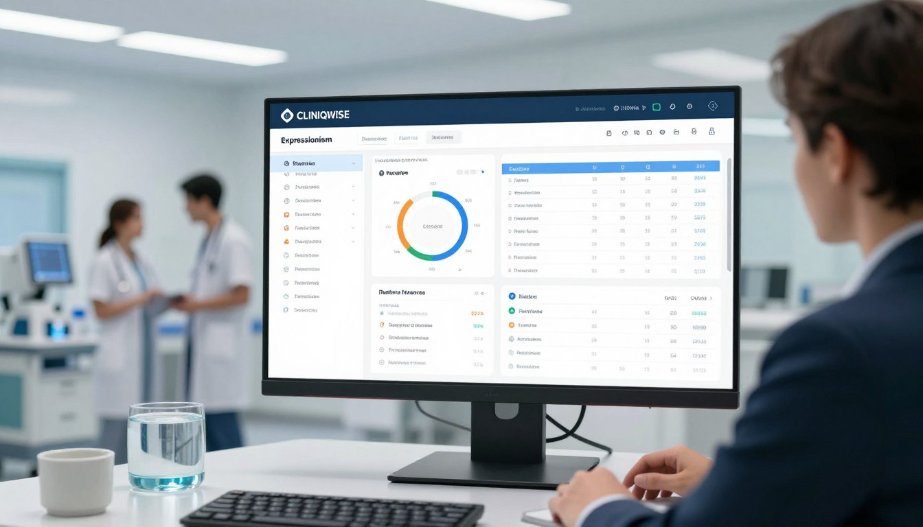 CliniqWise hospital management software dashboard displaying patient data, reports, and healthcare analytics on a desktop monitor.