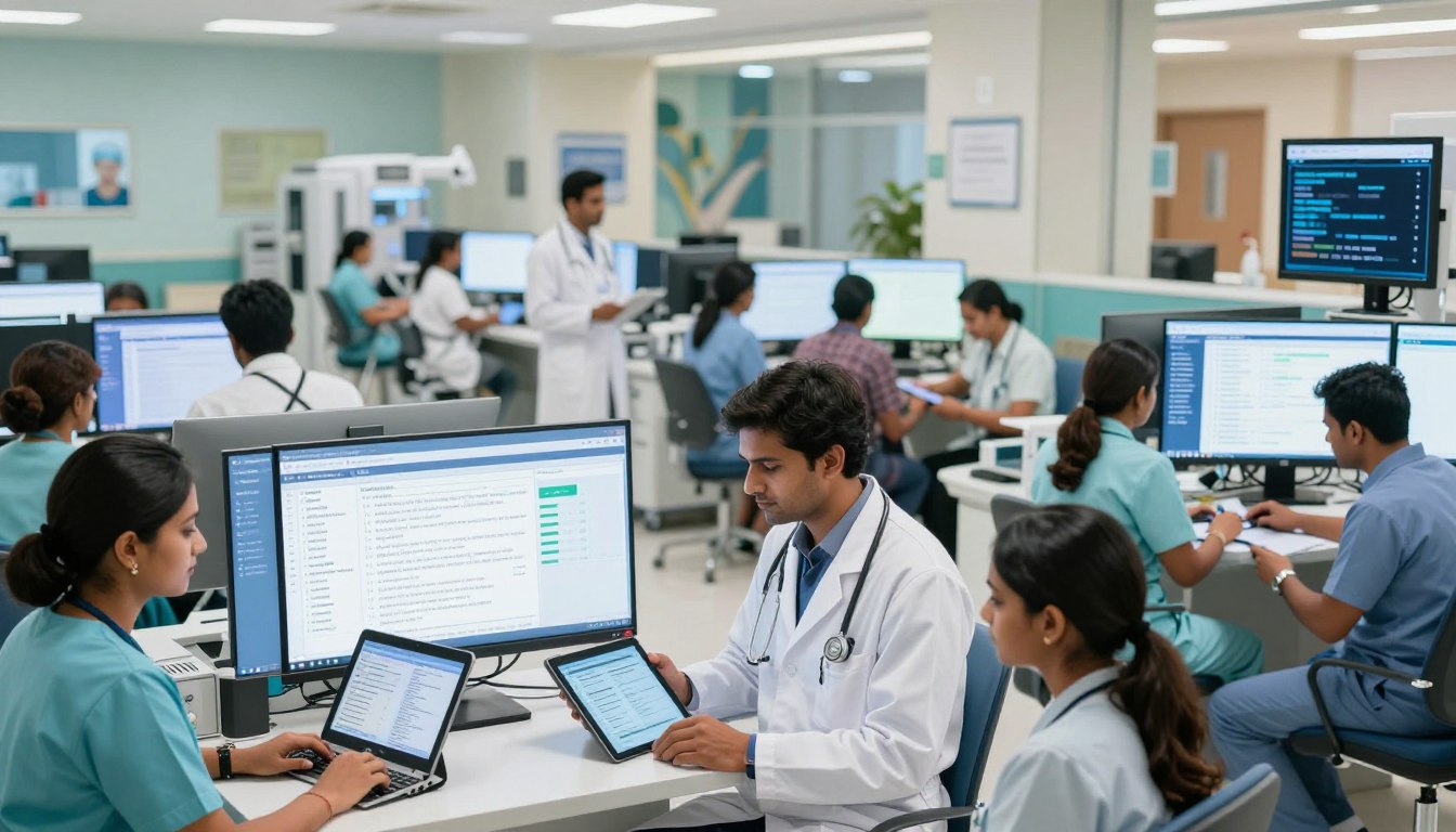 Hospital staff operating cloud based hospital management software for patient management and healthcare digitization.