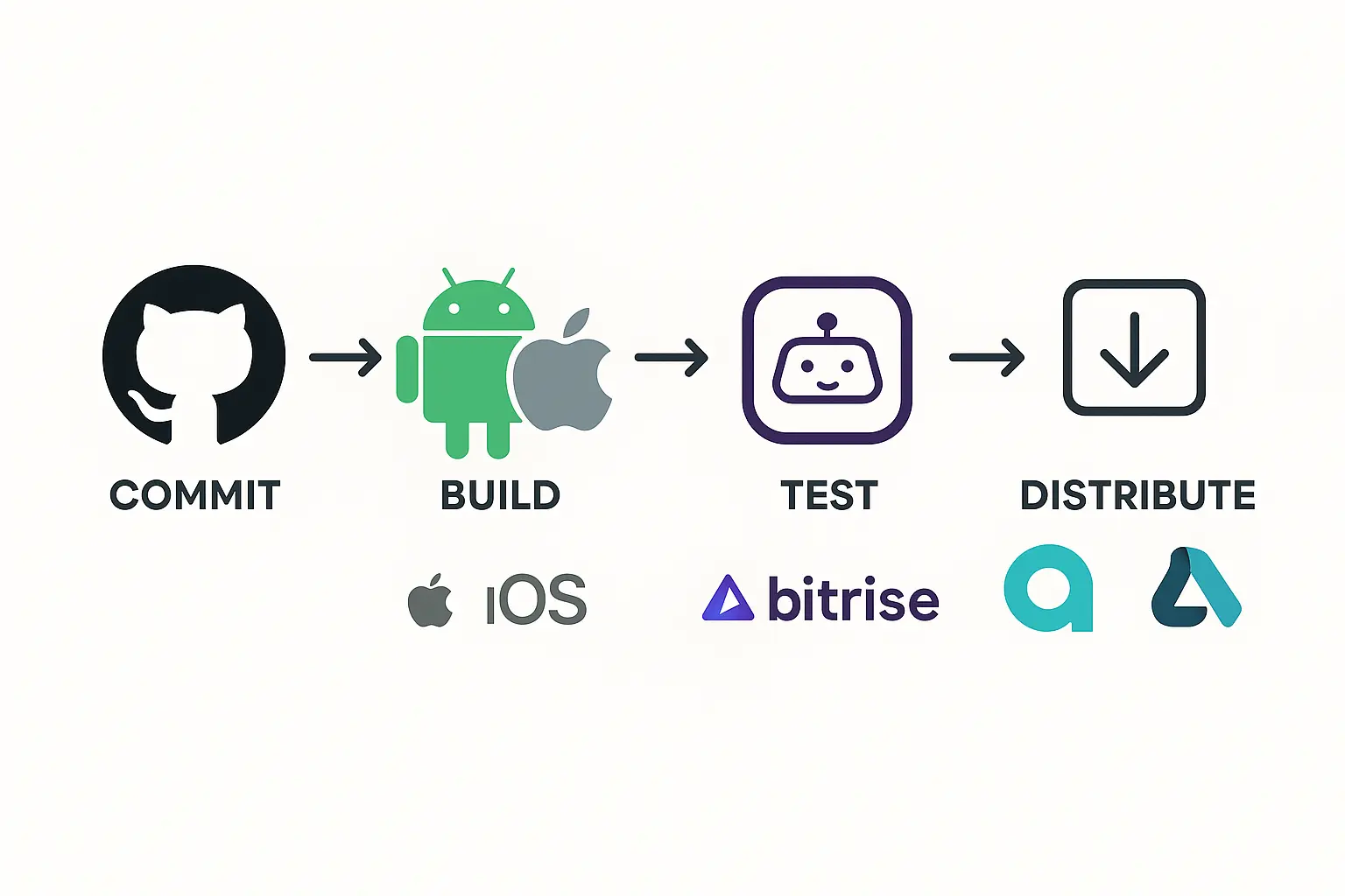 Mobile CI/CD Pipeline Workflow Flow diagram showing steps in mobile CI/CD with platform logos.