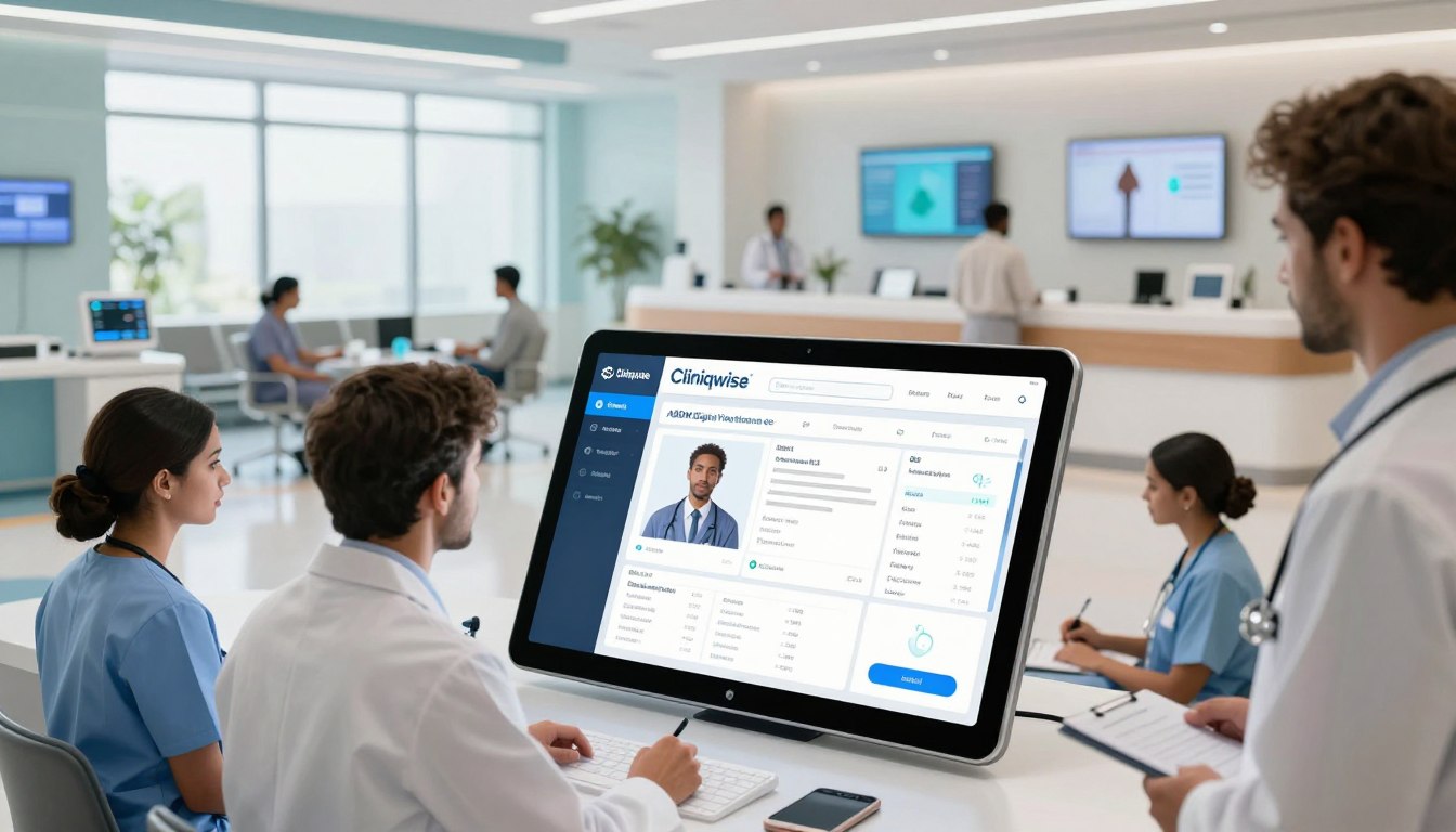 Healthcare staff using ABHA integrated hospital management software with digital patient dashboards and workflow automation.