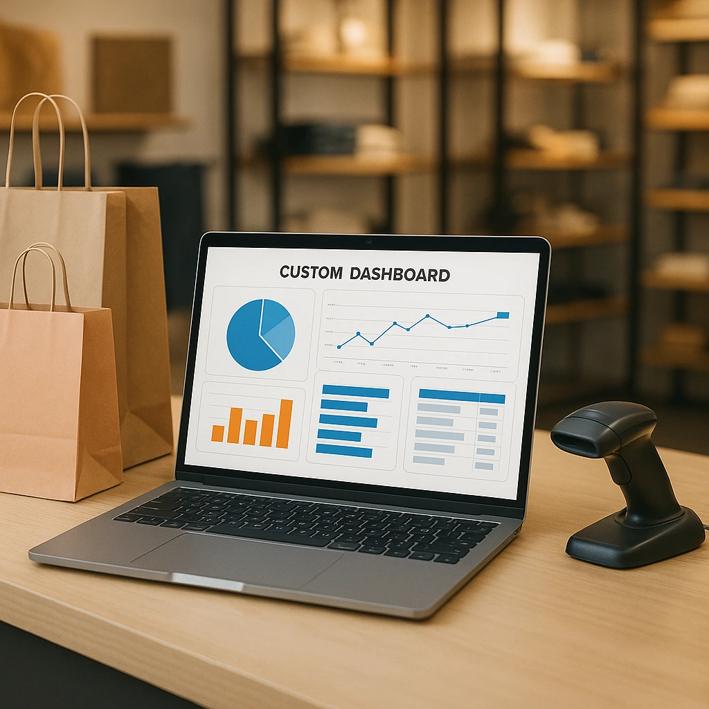 Custom Retail Software Dashboard Laptop on retail counter showing custom software dashboard with sales charts