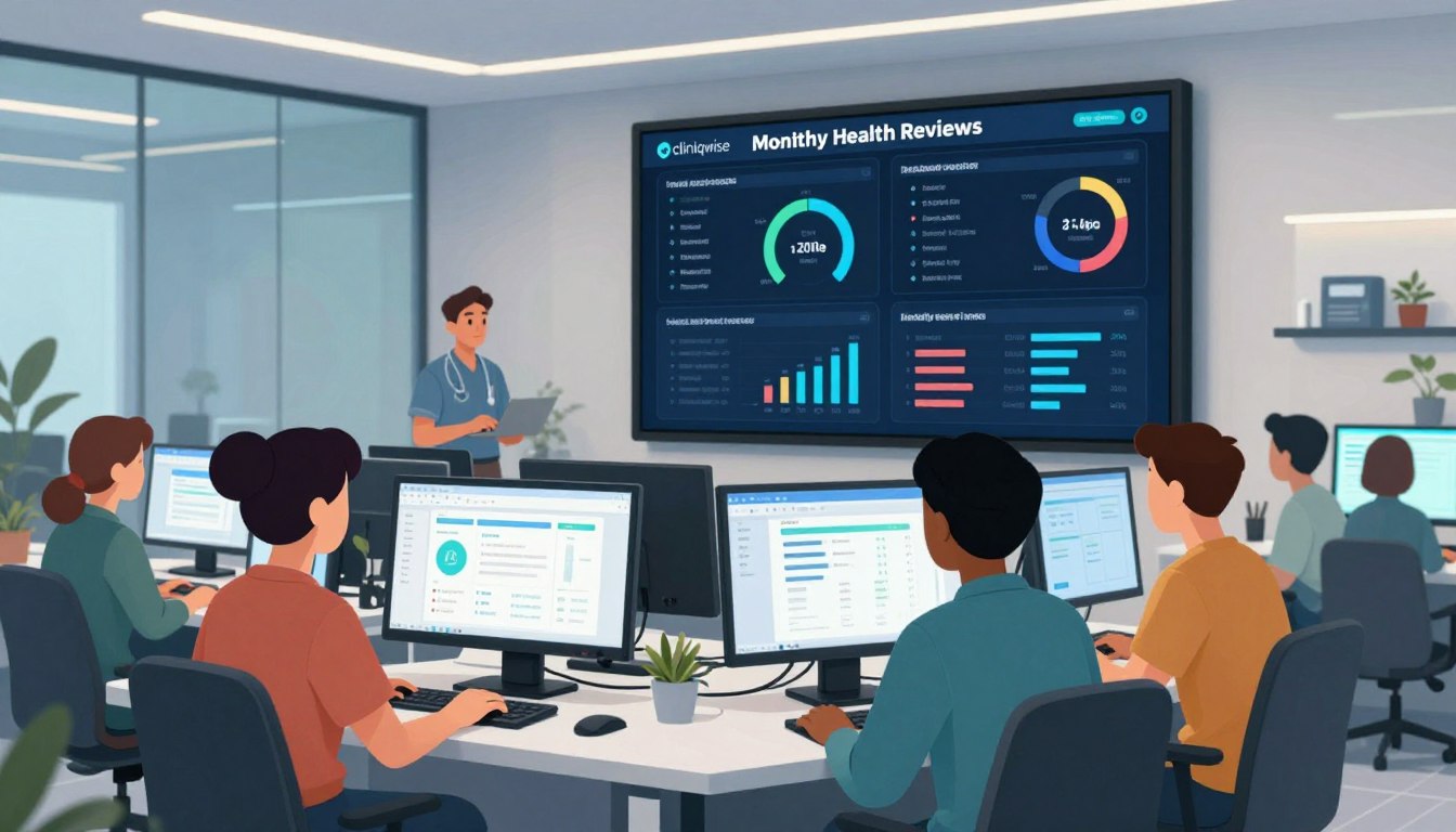 Monthly health review dashboard showing continuous support and performance monitoring in Cliniqwise HMS