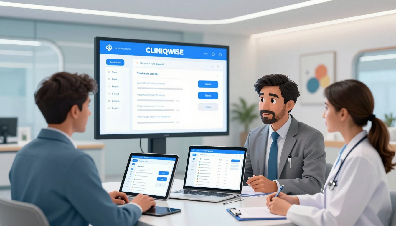 Hospital staff using CliniqWise cloud-based OPD Management Software with patient records, appointments, EMR, and reporting dashboard.