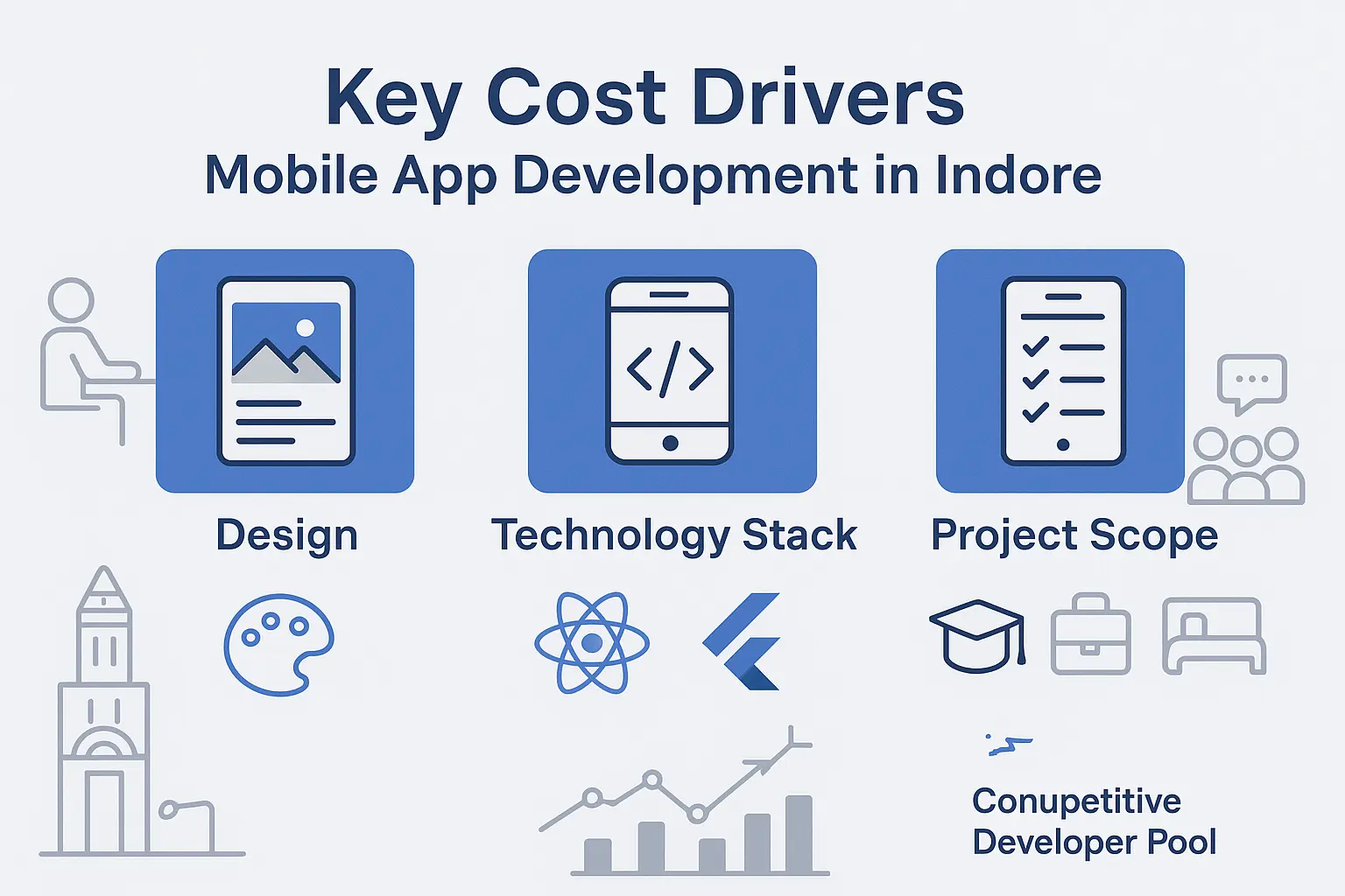 Key Cost Drivers: Design • Tech Stack • Scope Infographic showing mobile app development cost drivers: design, technology stack, and project scope