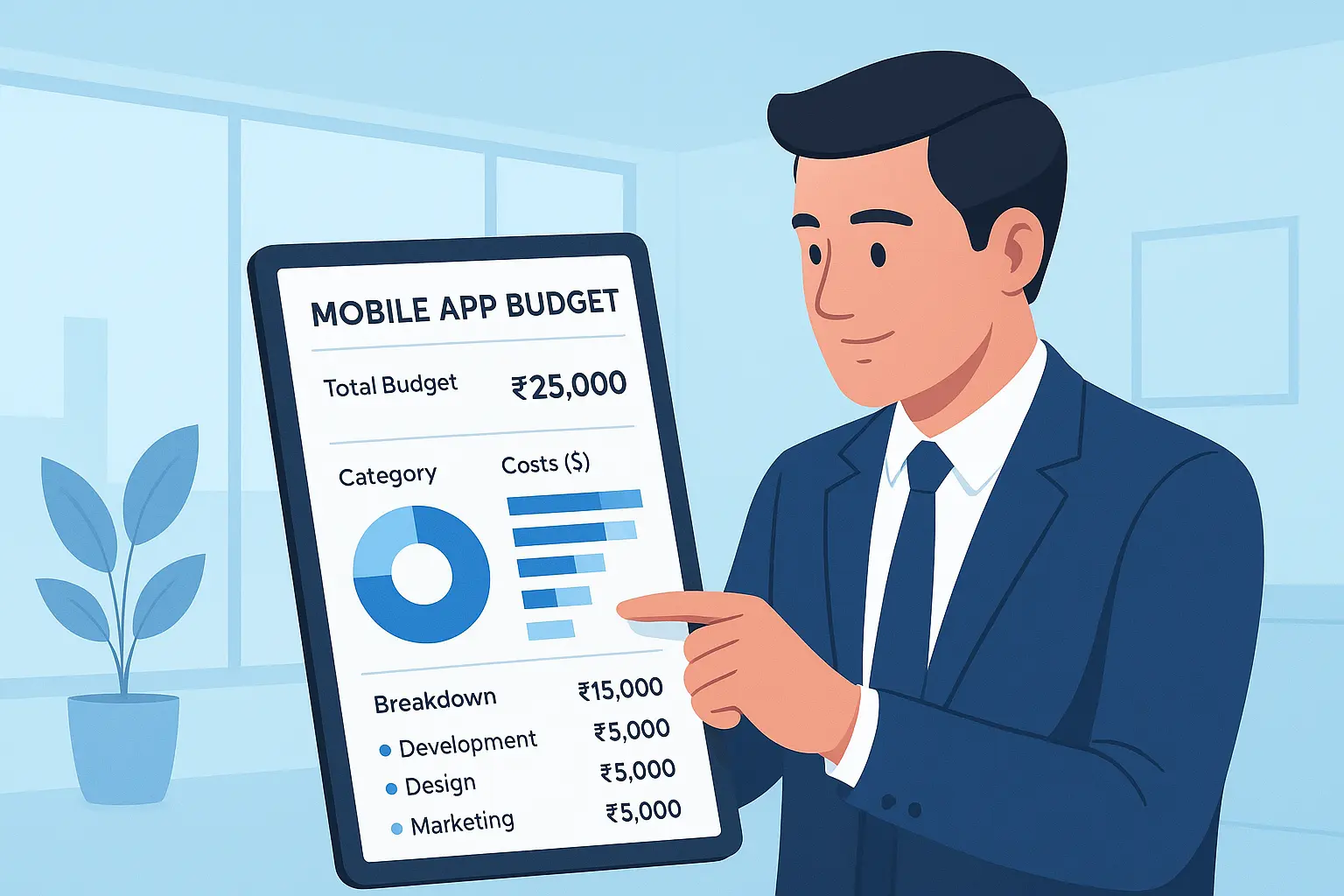 Smart Budgeting for Mobile App Development Professional in Indore planning mobile app development budget with graphs and cost breakdowns