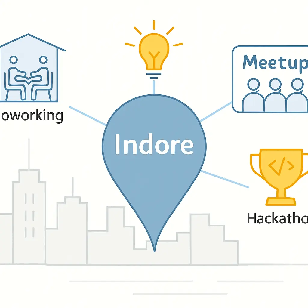 indore-tech-hub Map pin over Indore skyline with coworking and tech icons