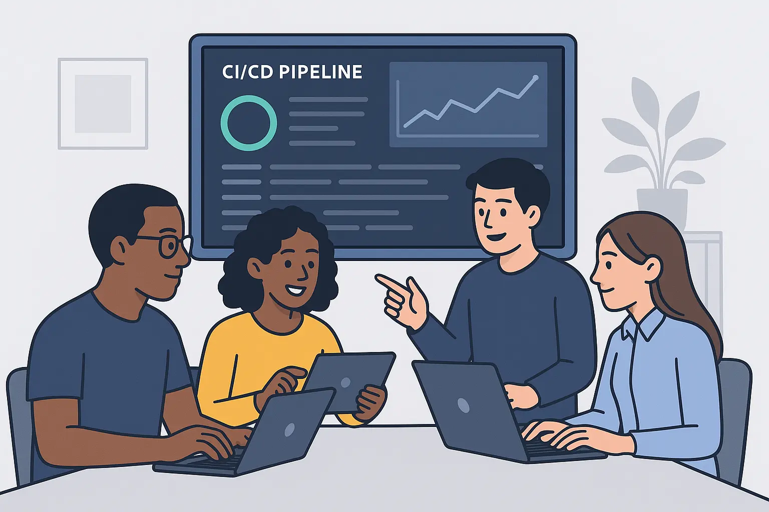 Collaborative CI/CD Security Review Team discussing CI/CD reports and workflows in a modern tech workspace.