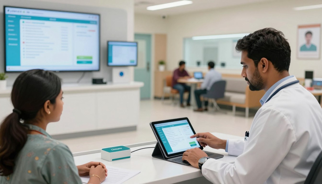 Doctor using ABHA integrated hospital registration software for digital patient onboarding and workflow management.