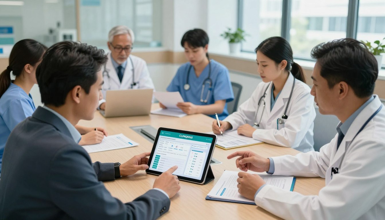 A modern hospital setting showcasing a team of diverse healthcare professionals in professional business attire. In the foreground, a project manager and a software developer, both engaged in discussing a digital tablet displaying a hospital management software interface. The middle ground features a conference table surrounded by nursing and administrative staff reviewing charts and diagrams related to implementation plans. In the background, large windows offer a view of a busy hospital environment, bathed in soft natural light that creates a warm and collaborative atmosphere. The composition is shot from a slightly elevated angle, providing a comprehensive view of the meeting. The focus is on teamwork and preparation, symbolizing the careful planning of the hospital management system, branded with CLINIQWISE prominently on the screen and documents.