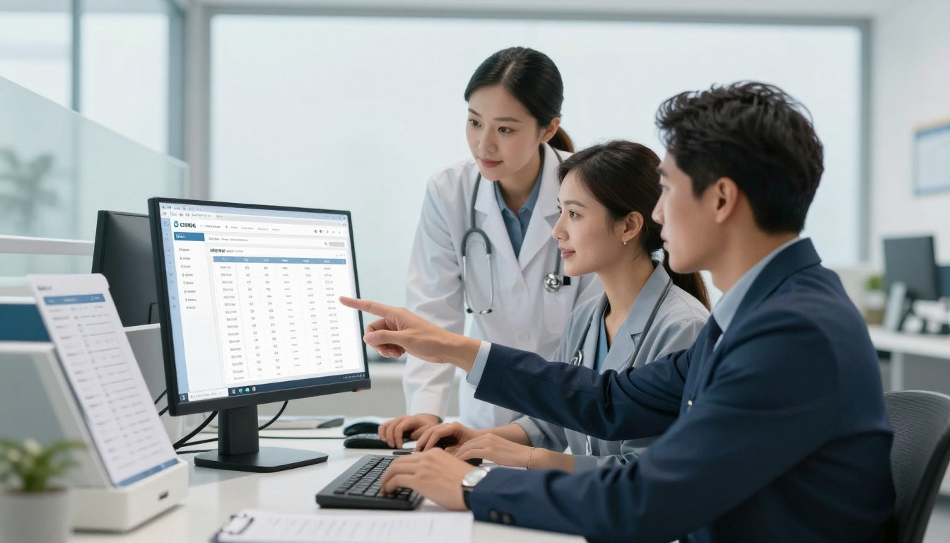 Medical staff and administrators using clinic management software to manage patient records and healthcare operations.
